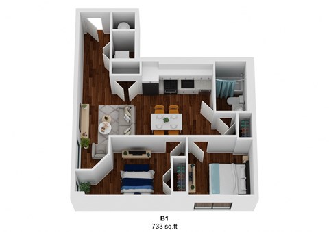 Floor plan for 2 beds, 1 bath, 1007 sqft